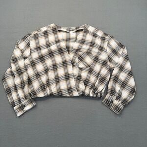 Spoon Jeans Plaid Surplice Top Womens XL Grunge Cropped Elastic Hem Tan Black